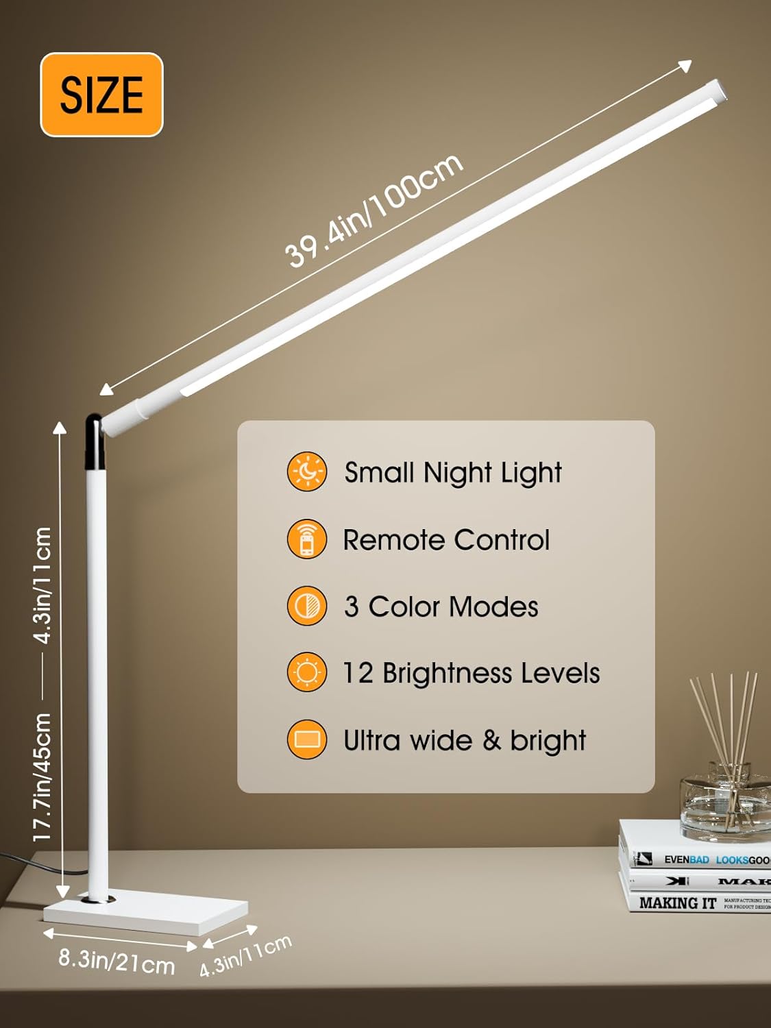 White 39.4 LED Desk Lamp for Home Office, Eye Caring Architect Desk Light with Remote, 3 Color Modes & 12 Brightness Levels, Adjustable Height 17.7-27.6, Study Lamp for Reading/Work (White)