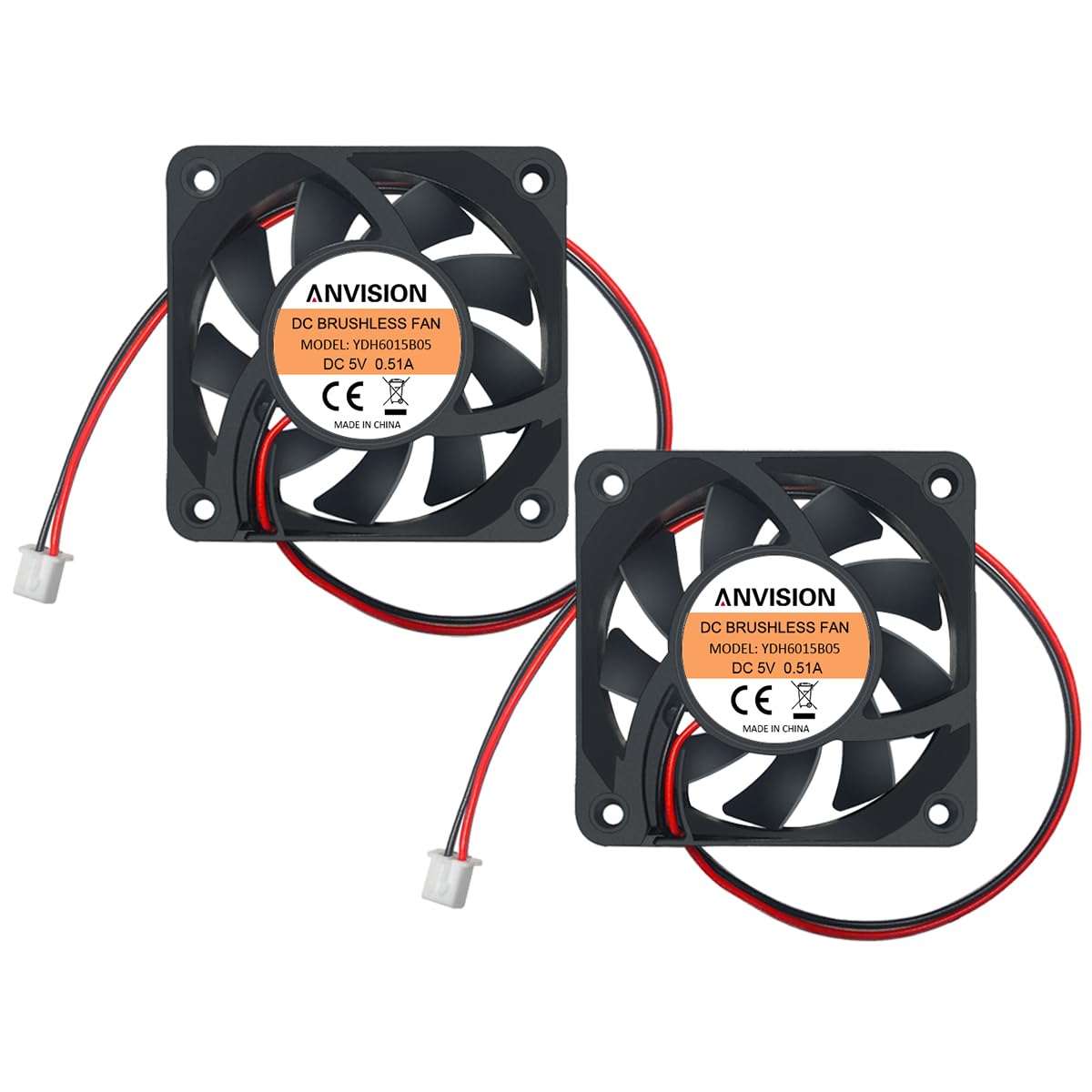 ANVISION 2-Pack 60mm x 15mm DC 5V Brushless Cooling Fan, Dual Ball Bearing, 2 Pin