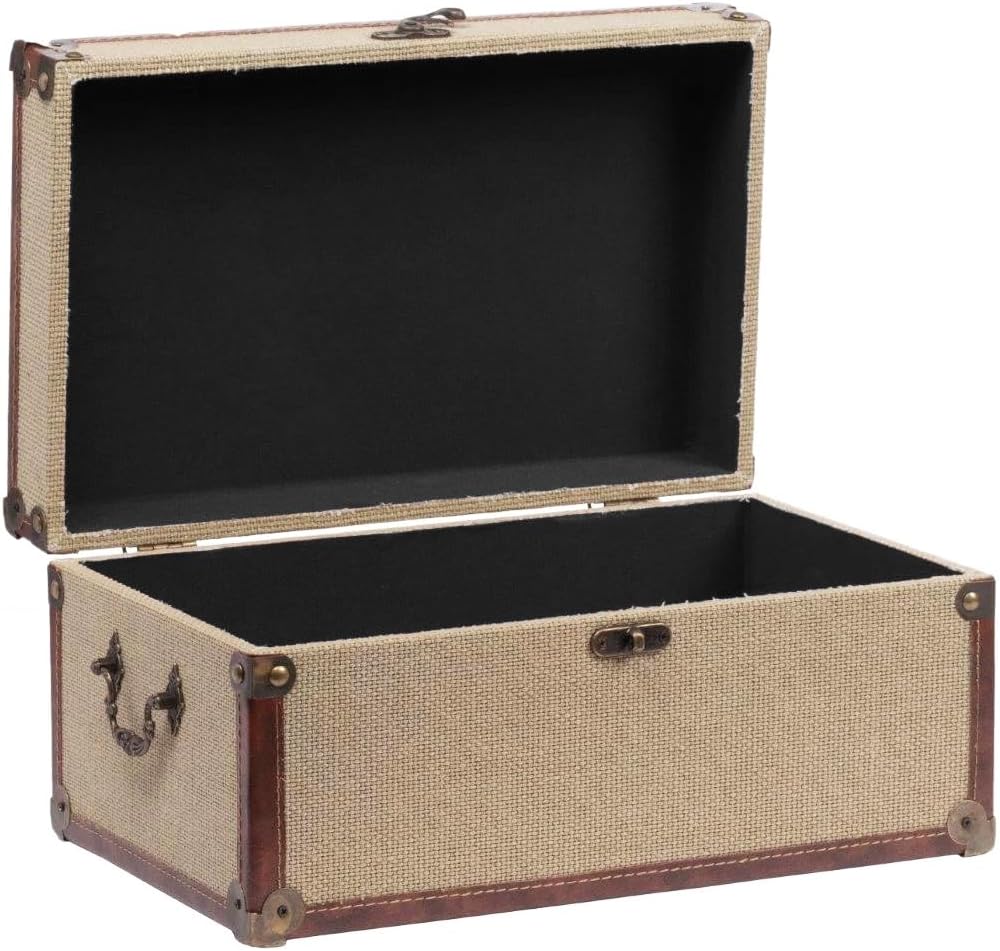 Farmhouse Decorative Storage Trunks Set of 3 Linen and Wood Boho Vintage Boxes with Metal Handles and Clasp, Rustic Wooden Keepsake Chests for Living Room, Entryway & Bedroom Organization