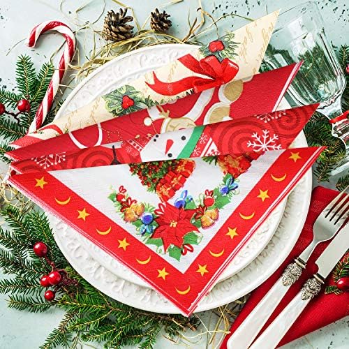 Outus 80 Pieces Christmas Napkins Disposable Cocktail Napkins Paper Decorative Napkins for Holiday Lunch Tea Christmas Party Supplies