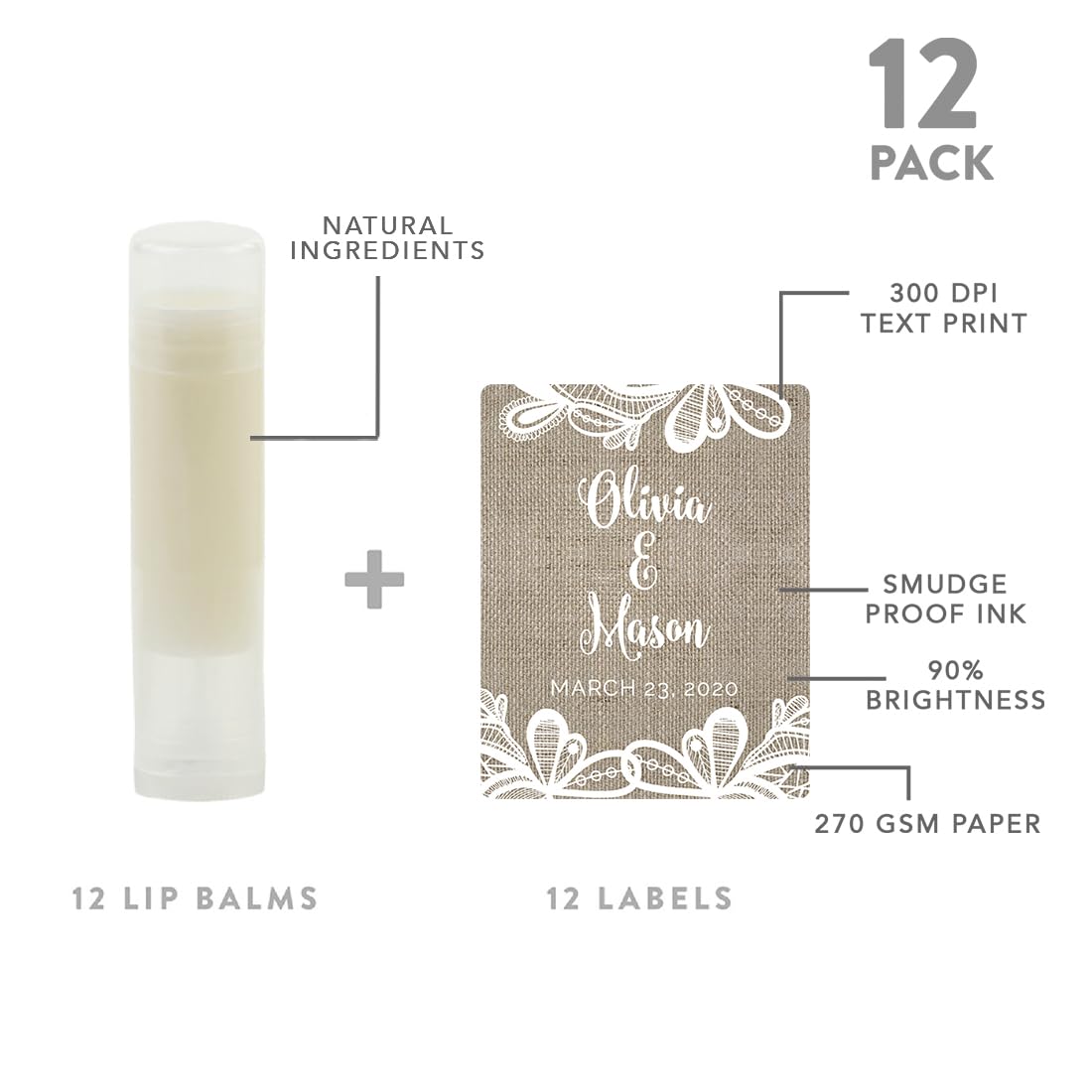 Andaz Press Personalized Bridal Shower Bachelorette Party Lip Balm Party Favors, Burlap Lace, Bride's Name and Date, 12-Pack, Custom