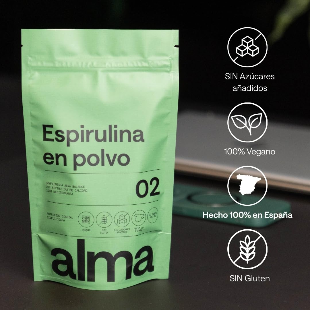 ALMA® Espirulina en Polvo 116 g | 100% Pura (Ingrediente Único) | Spirulina Vegana, Sin Gluten, Sin Azúcares Añadidos y Hecha en España | Superalimento Verde para agua, Zumos y Batidos