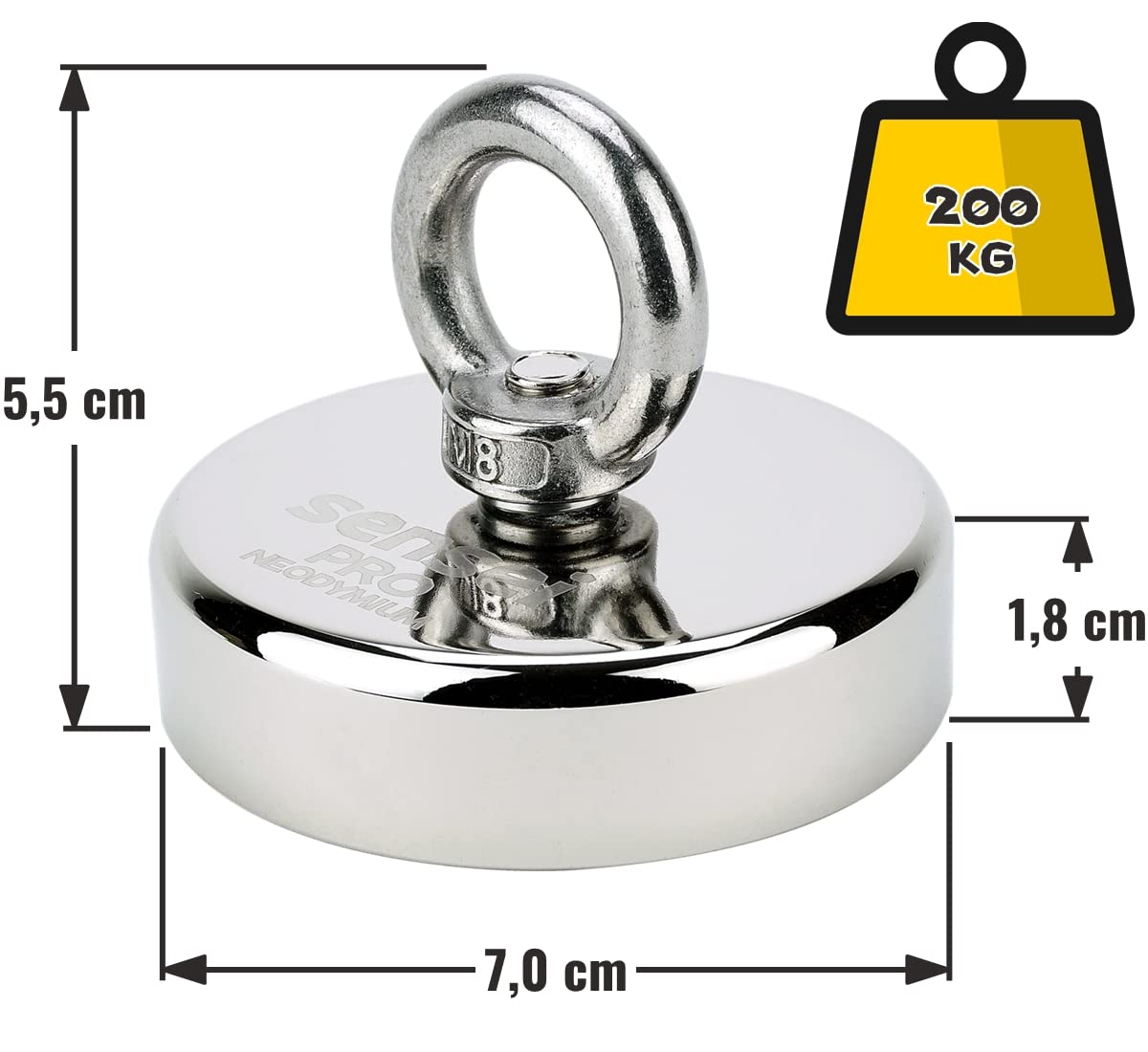 SENSEI® Aimant en Néodyme Puissant avec Anneau Écrou – Ø 70 mm, Force d'Attraction 200 kg – Grand et Très Puissant Aimant pour Levage & Suspension, Pêche Magnétique et Usage Technique