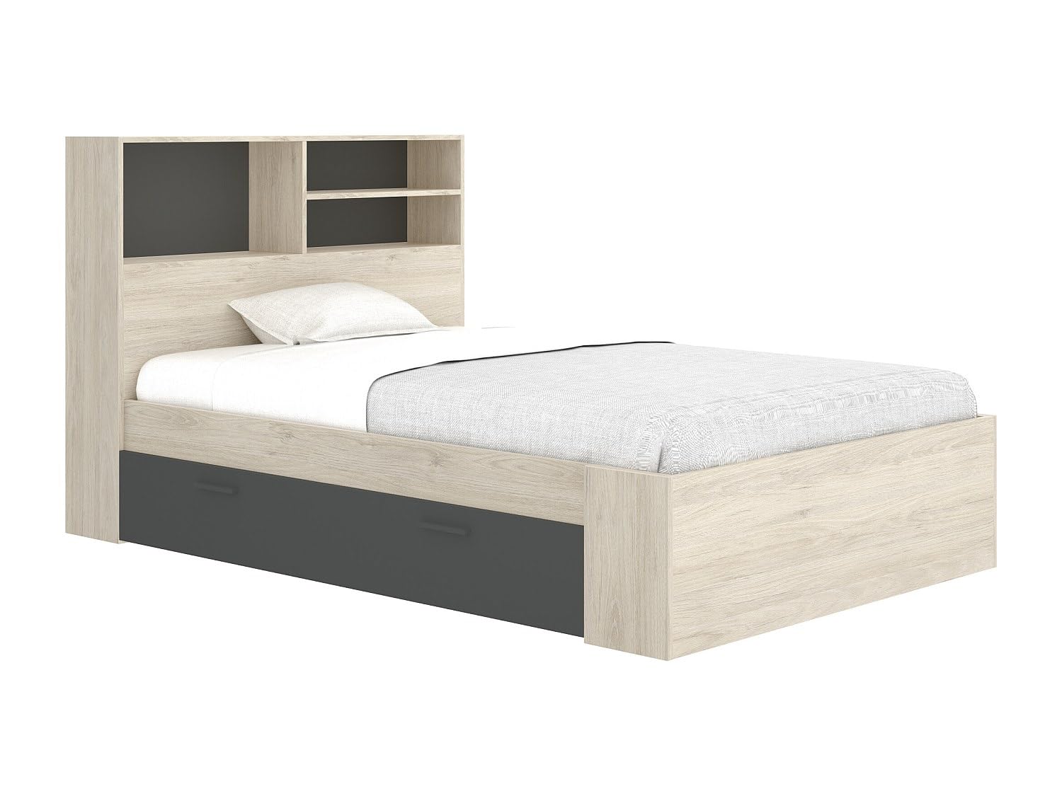 Vente-unique - Lit 120 x 190 cm avec rangements - Coloris : Naturel et Anthracite + Sommier - VARDIEL