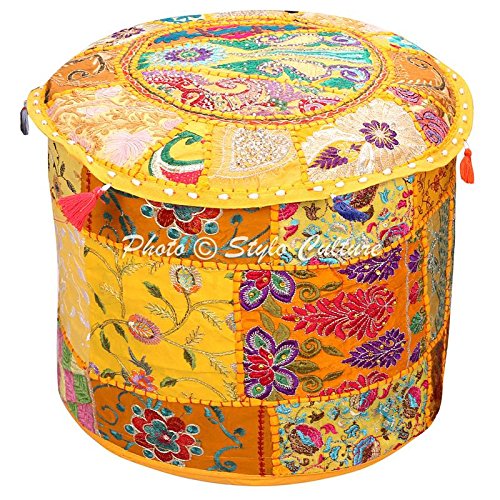 Stylo Culture Foot Stool And Pouffe Cover Ottoman Pouffe Seat Large Yellow Indian Embroidered Patchwork Cotton Traditional Round Fabric Pouf Ottoman Cover (22x22x13 Inch) 55cm (COVER ONLY)