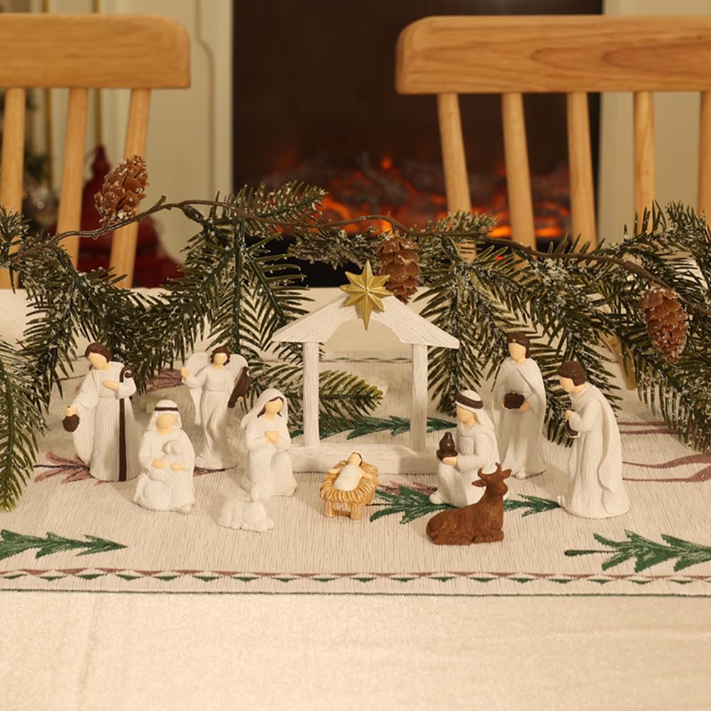 MEETYAMOR Weihnachtskrippe Sets für Weihnachten Innen, 11 Stück Harz Krippe Figuren Set für Weihnachten Dekor, Weihnachtsdekorationen Innen für Home Tisch Kaminsims Küchenregal