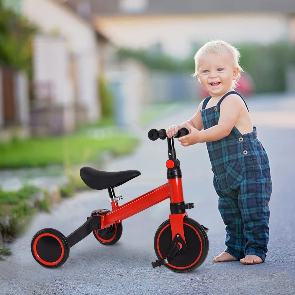 3 in 1 Triciclo Evolutivo Bambino, Bicicletta con Pedali Rimovibili per Bambini 1-7 Anni, Mini Bici/Girello Senza Maniglione Parentale, Bicicletta Evolutivo per Ragazze e Ragazzi (Nero-rosso)