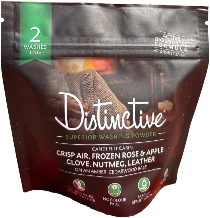 Distinctive Biological Washing Powder | Luxury Eco Detergent | 2 Wash Travel/Trial Pack – Candlelit Cabin Fine Fragrance. For Machine & Handwashing