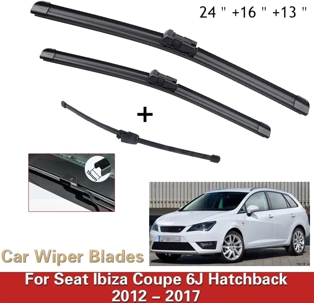 3pcs Wiper Front & Rear Wiper Blades Set Compatible with Seat Ibiza Coupe 6J Hatchback 2012-2017 Windscreen Windshield Window 24"16"13"