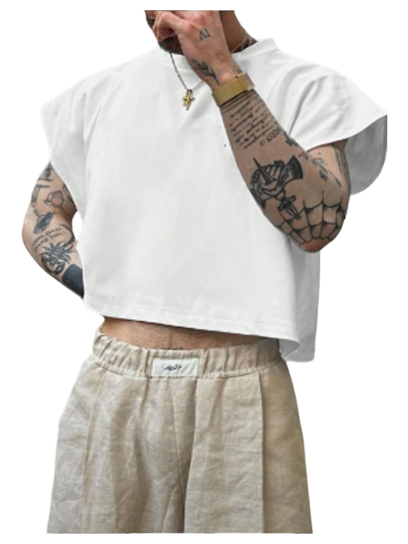 GORGLITTER Men's Cap Sleeve Cropped Tee Top Unisex Crew Neck Dolman Sleeve Oversized T Shirt