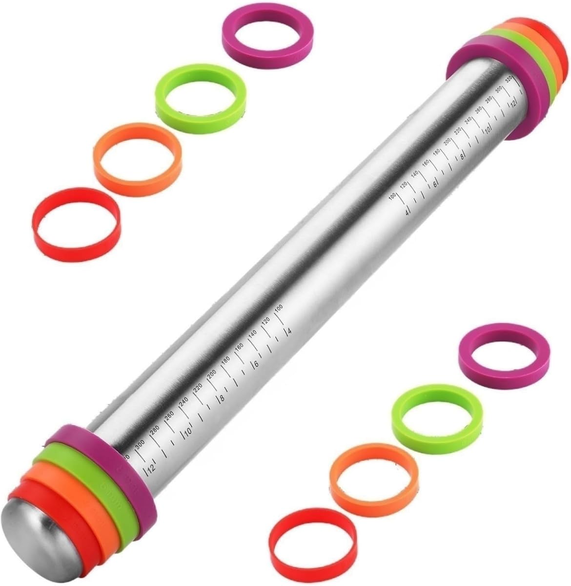 AMUZHI Rodillo ajustable de acero inoxidable con anillos de espesor de silicona | Acero sin costura, 4 anillos extraíbles, antiadherente y apto para lavavajillas para hornear pasteles, pastas, galletas, pasteles y fondant