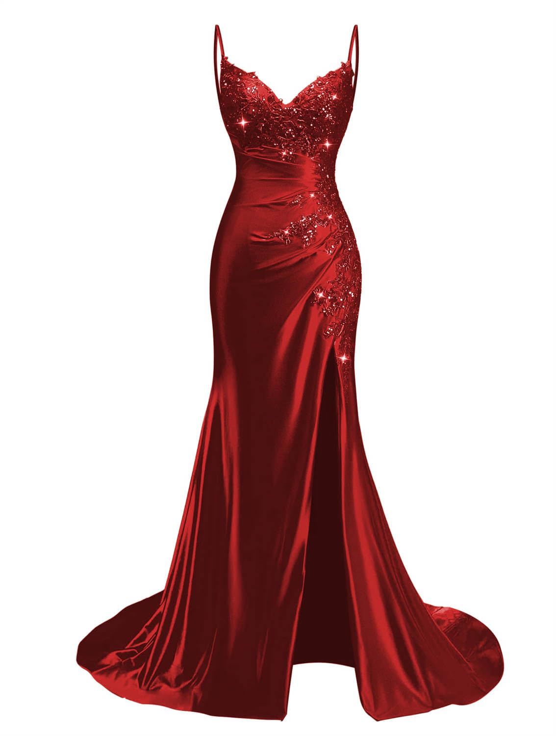 KURFACE Red Prom Dresses for Women with Slit Lace Applique Spaghetti Strap Mermaid Ball Gown Floor Length Formal Evening Dress UK8