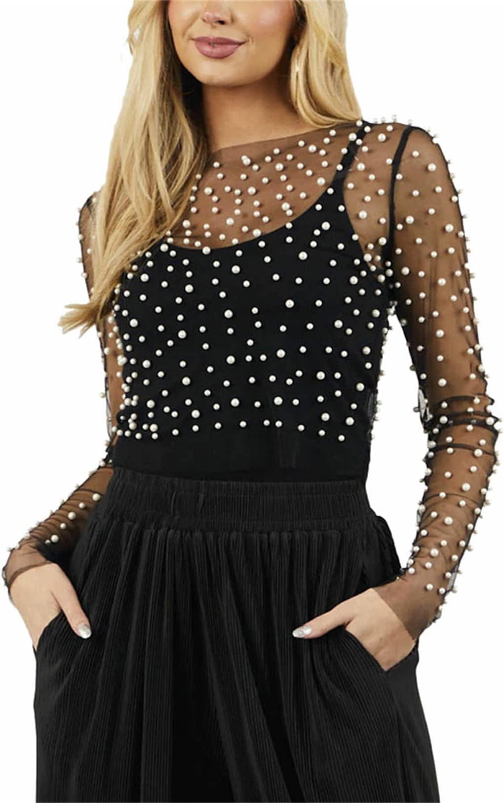 Women Sheer Mesh Pearl Top