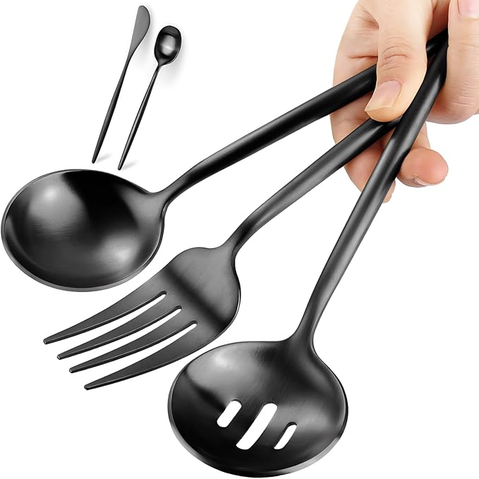5-Piece Matte Black Stainless Steel Serving Utensils Set - Large and Slotted Spoons, Fork, Sugar Spoon, Butter Knife - Dishwasher Safe
