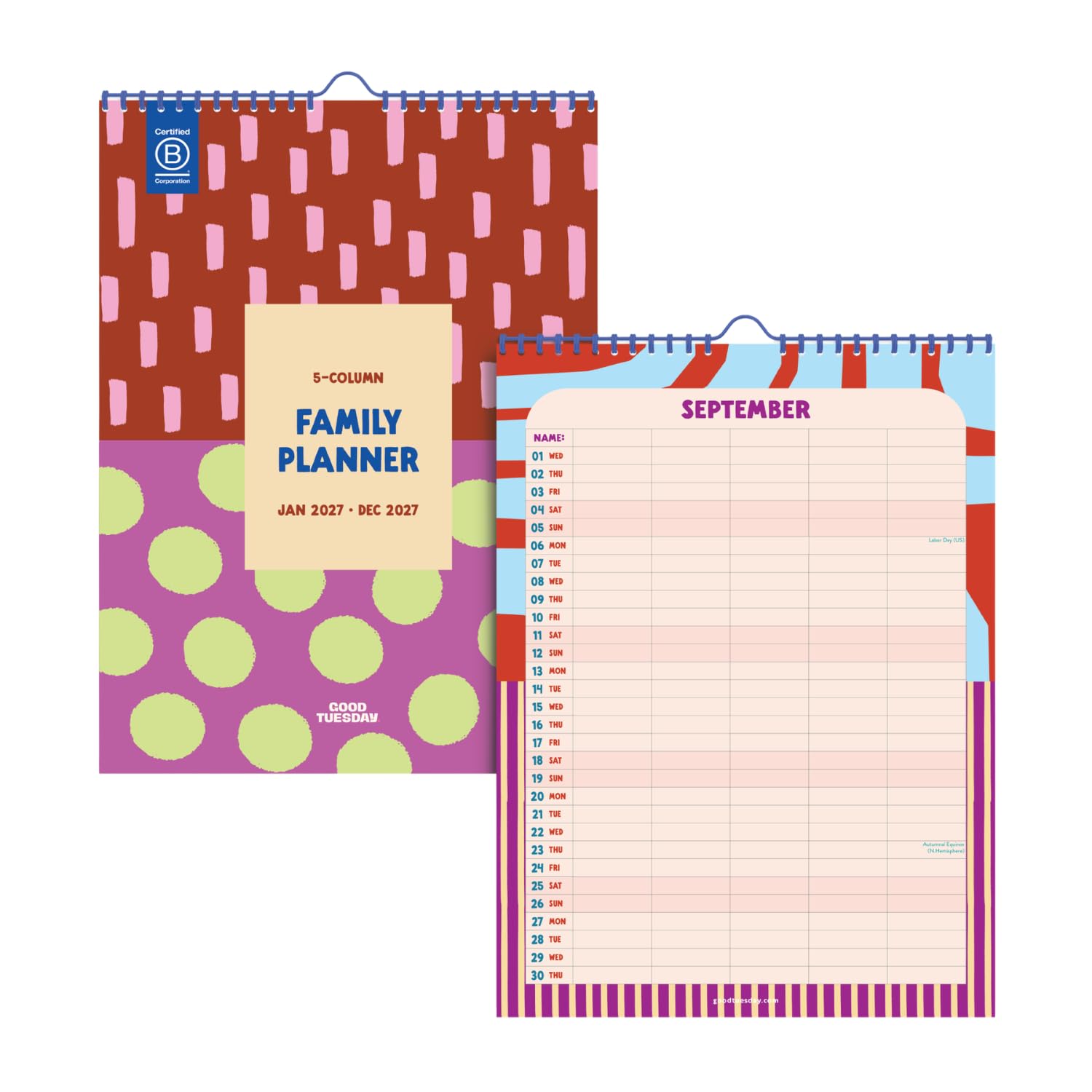 Good Tuesday - Colour Flow 2027 Family Planner, 5 Column Wall Calendar, Printed with UK & US Holidays, Week Numbers and Moon Phases, Designed & Made in the UK, Multi-Coloured, A3