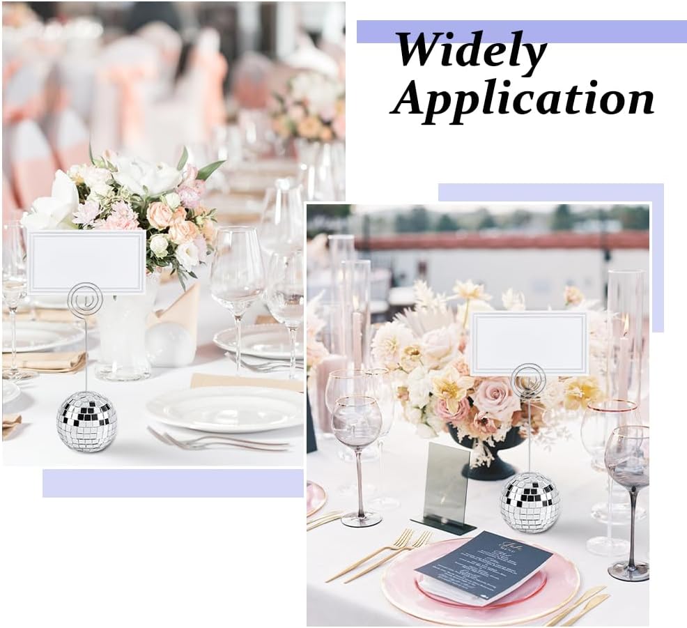 DICOSMETIC 24 Sets Disco Ball Table Number Holders Disco Ball Card Holder Silver Place Card Holder Small Photo Picture Display with Swirl Wire Numbers Stand Clips for Christmas Wedding Party Favor