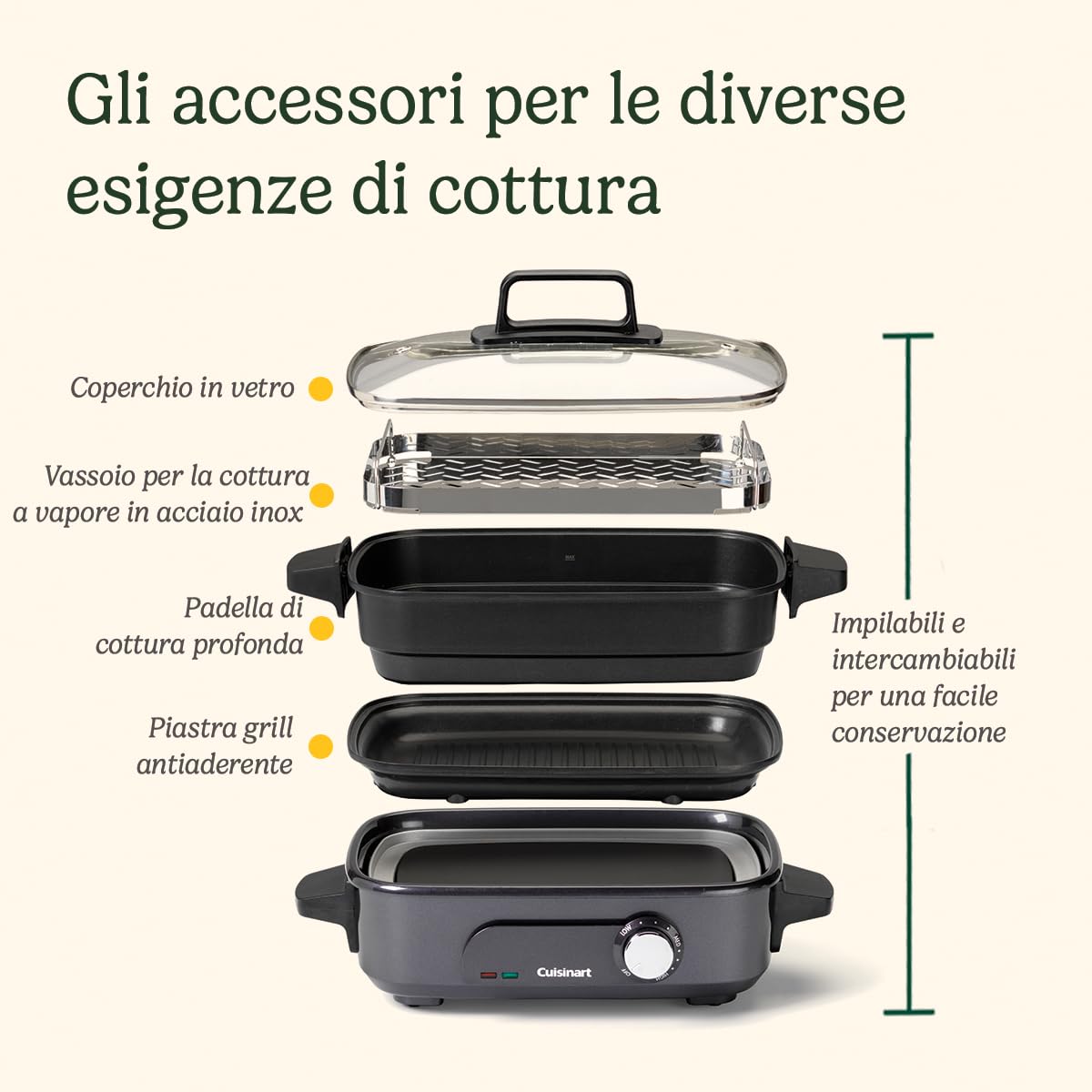 Cuisinart Cook In 5 in 1 Multi Cooker | Grill, Sear, Steam, Simmer e Slow Cooker | Antiaderente, Piastre e padelle intercambiabili | Impilabile, facile da riporre | Efficienza energetica | Grigio
