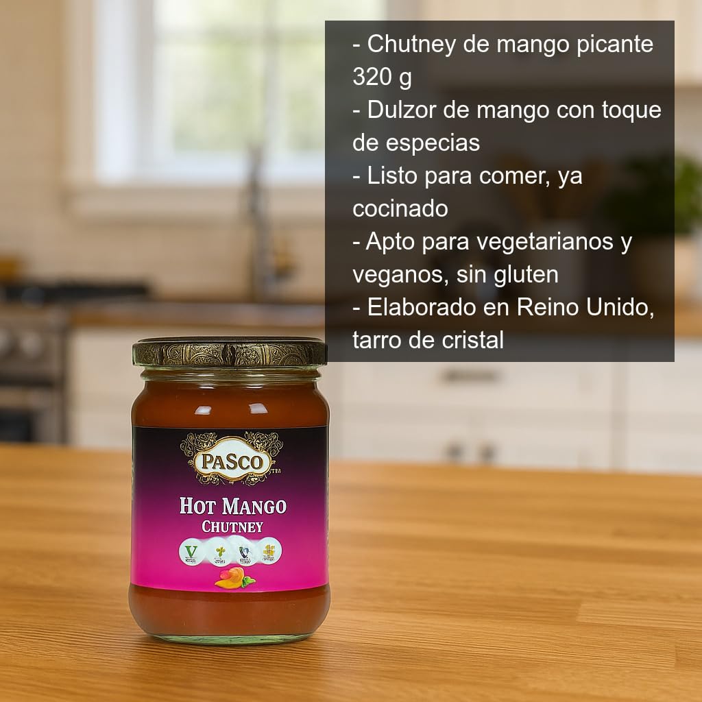 Mango Chutney Picante 320 g Sin Gluten Vegano Tarro Cristal