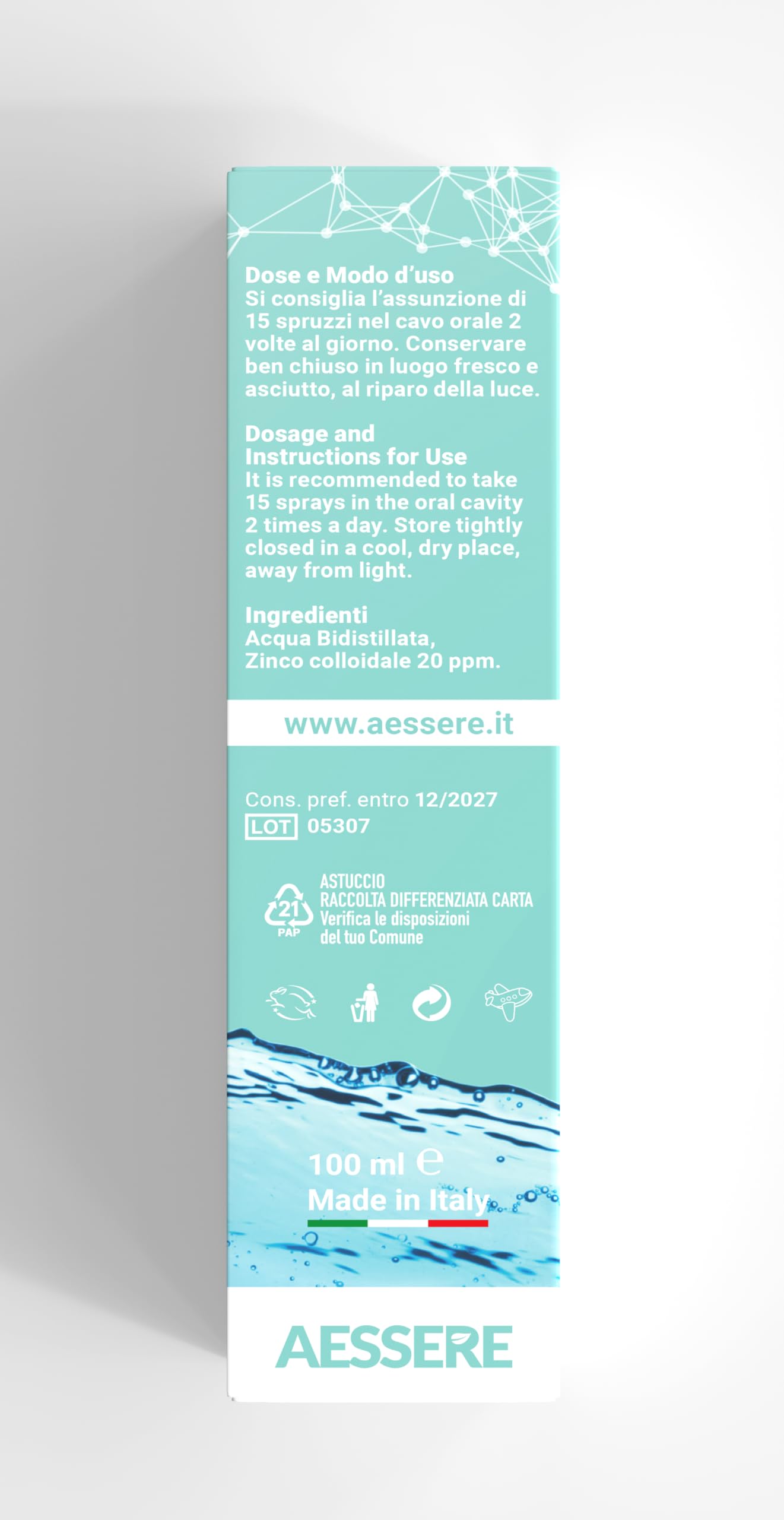 Aessere - Zinco Colloidale Plus - 20 PPM, 100 g