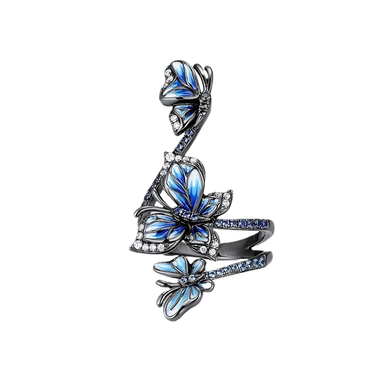 collectvoice Adjustable Elegant Ring Open-end Design Three Blue Butterflies Ring Jewelry for Party Wedding Black US 9
