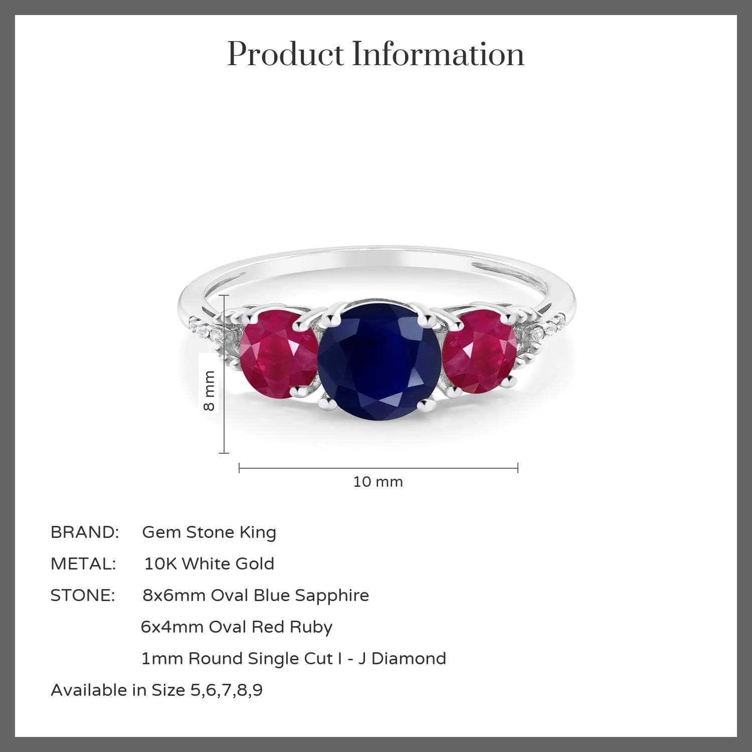 Gem Stone King 10K White Gold Oval 8X6MM Blue Sapphire 6X4MM Red Ruby and Diamond Accent 3-Stone Engagement Ring | 3.04 Cttw | 3 Stone Wedding Anniversary Promise Ring For Women - Image 4