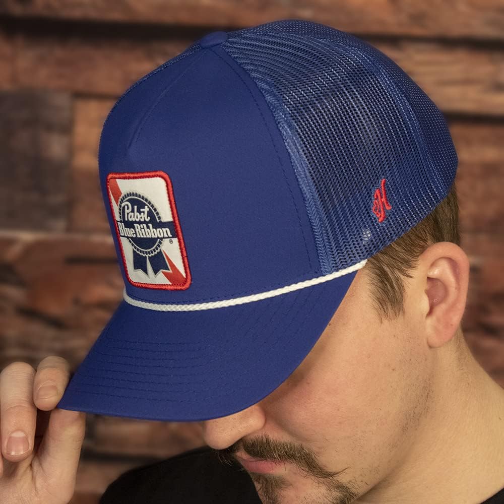 HOOEY Officially Licensed Pabst Blue Ribbon One Size Fits All Adjustable Snapback Hat for Men and Women Mesh Back Trucker Hat
