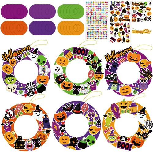 chiazllta 24Sets Halloween Wreath Craft for Preschool Kids,DIY Halloween Paper Art Craft Kit with Assorted Stickers Home Classroom Indoor Game Activities