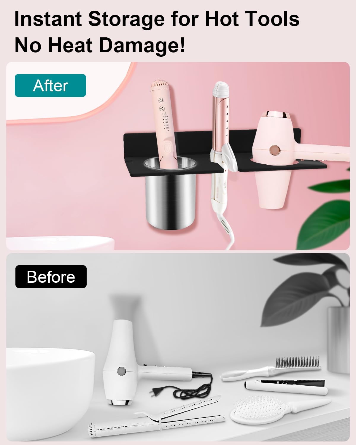 Soporte de pared para secador de pelo, organizador de herramientas para el cabello con vasos de acero resistentes al calor, soporte acrílico para secador de pelo, adhesivo o montaje de
