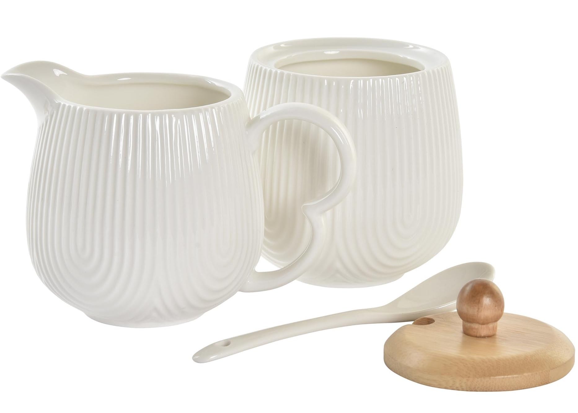 Set Azucarero con Cucharilla y Jarrita Lechera Porcelana Blanco con Soporte Madera Nordico -Jarra y Lechera para Mesa Cocina