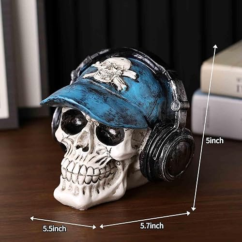 Miniatura 2 de Adorno de cabeza de calavera de resina con sombrero azul y auriculares, 5 pulgadas de altura, figura decorativa única para el hogar u oficina