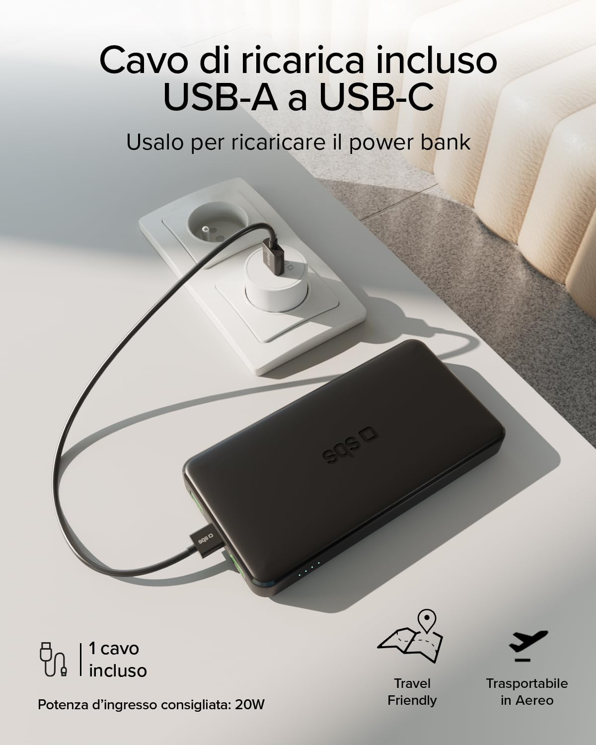 SBS PowerBank 10K FAST, 10000mAh, 22.5W Power Delivery (PD 3.0 PPS) | Power Bank con Ricarica Rapida, LED di Carica, USB-C, USB-A, Caricabatterie Portatile da Viaggio, Design Compatto, Nero