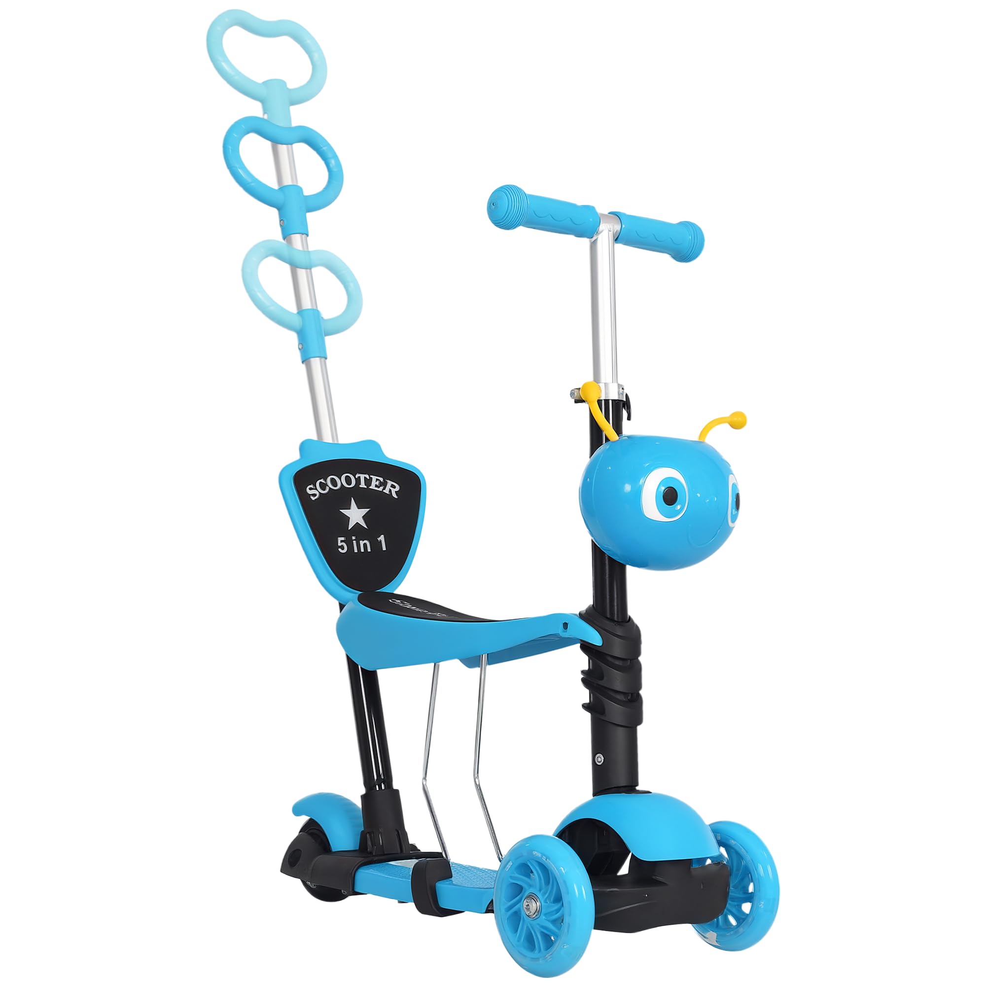 HOMCOM 3 en 1 Patinete para Niños de +18 Meses o Scooter de 3 Ruedas con Asiento Extraíble Manillar Mango de Empuje Altura Ajustable 62x25x72,5 cm Azul