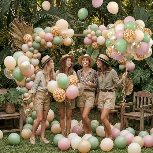 Image of Sage Green and Pink Balloons, 60PCS Deer Printed Balloons Confetti, 12 Inch Dusty Pink Champagne Gold Apricot Balloon Helium for Jungle Safari Birthday Woodland Baby Shower Wedding Party Decorations