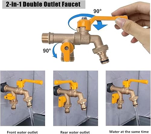 Miniatura 4 de Grifo de agua para exteriores, grifo de agua de jardín montado en la pared con dos válvulas de bola de latón de 3/4 pulgadas, divisor de agua para