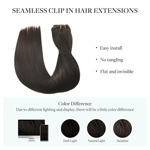 Miniatura 6 de DOORES Extensiones de cabello humano real con clip, sin costuras, color marrón oscuro, 18 pulgadas, 7 unidades, 4.33 oz, extensiones de cabello liso