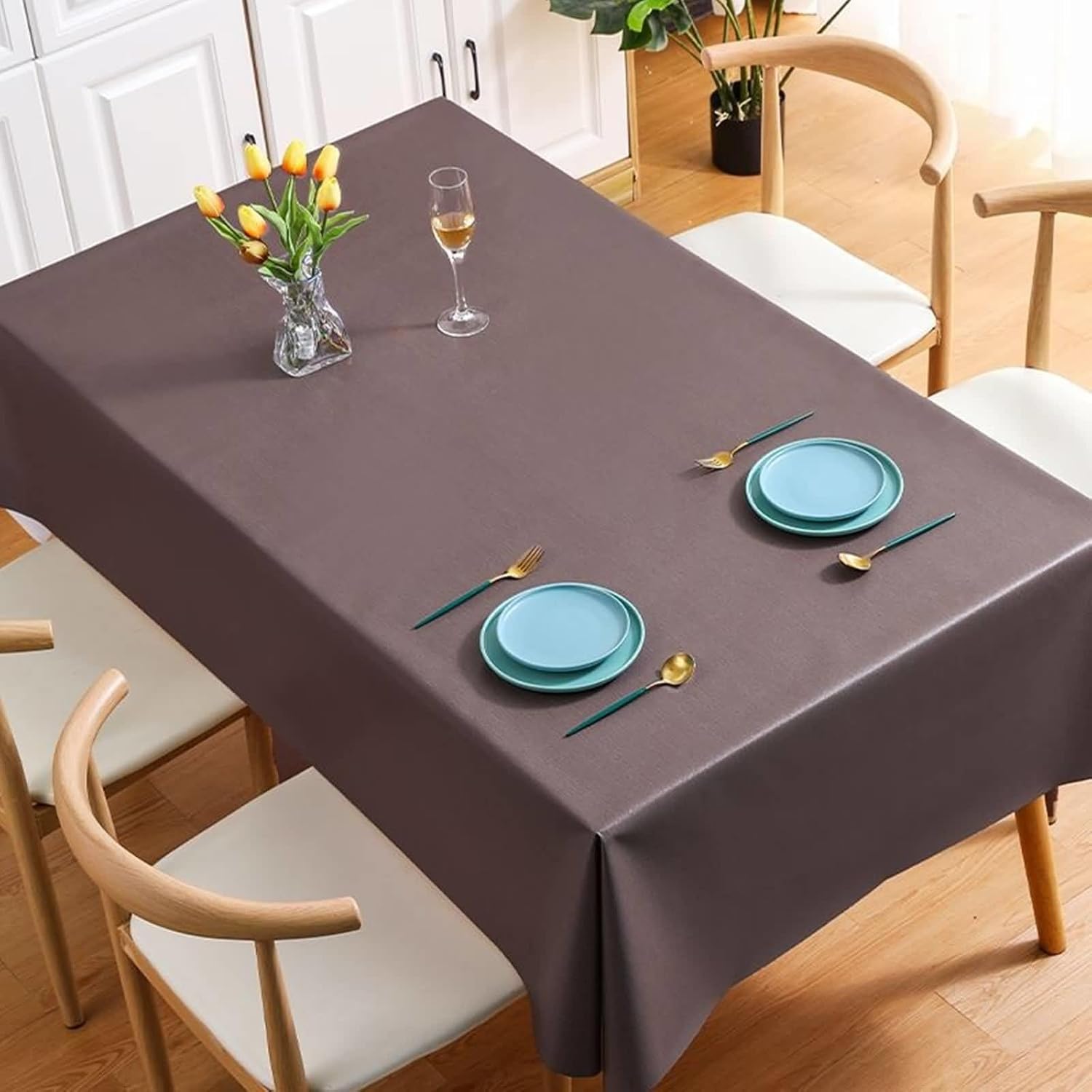 Kitchen Tablecloths, 47 x 47 inch, Square, Dark Coffee, PVC Solid Color Table Cover for Party