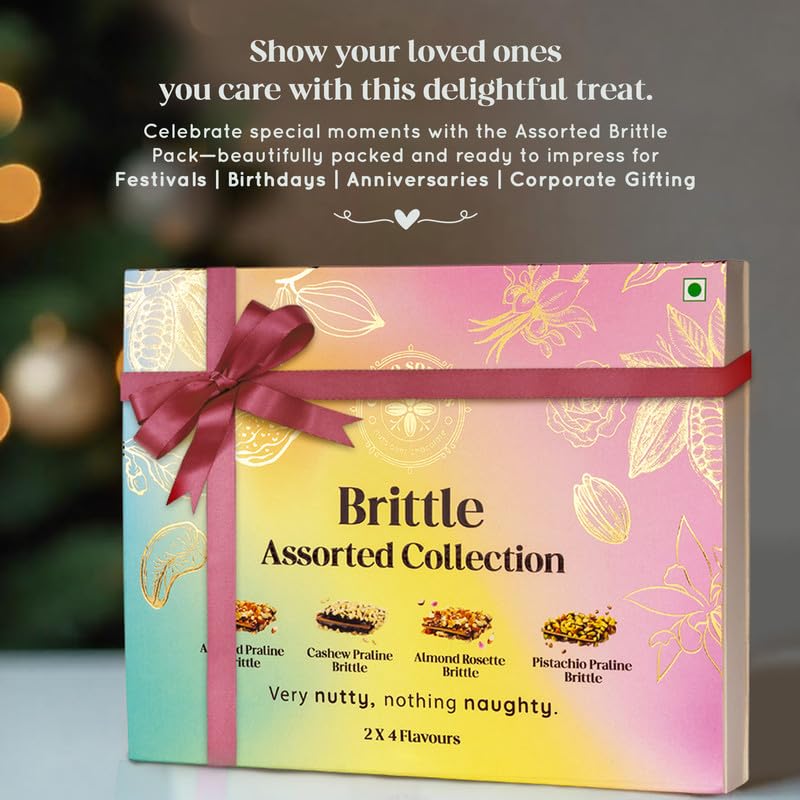 Image of Cacao Springs Assorted Brittle Collection Choco Box (Almonds, Cashew, Pista & Rose), Combo Choco & Nut Delicacy Treats, Premium Gift Hamper for Christmas Gifts, 8 Pieces in Each, 1 Box, 112gm