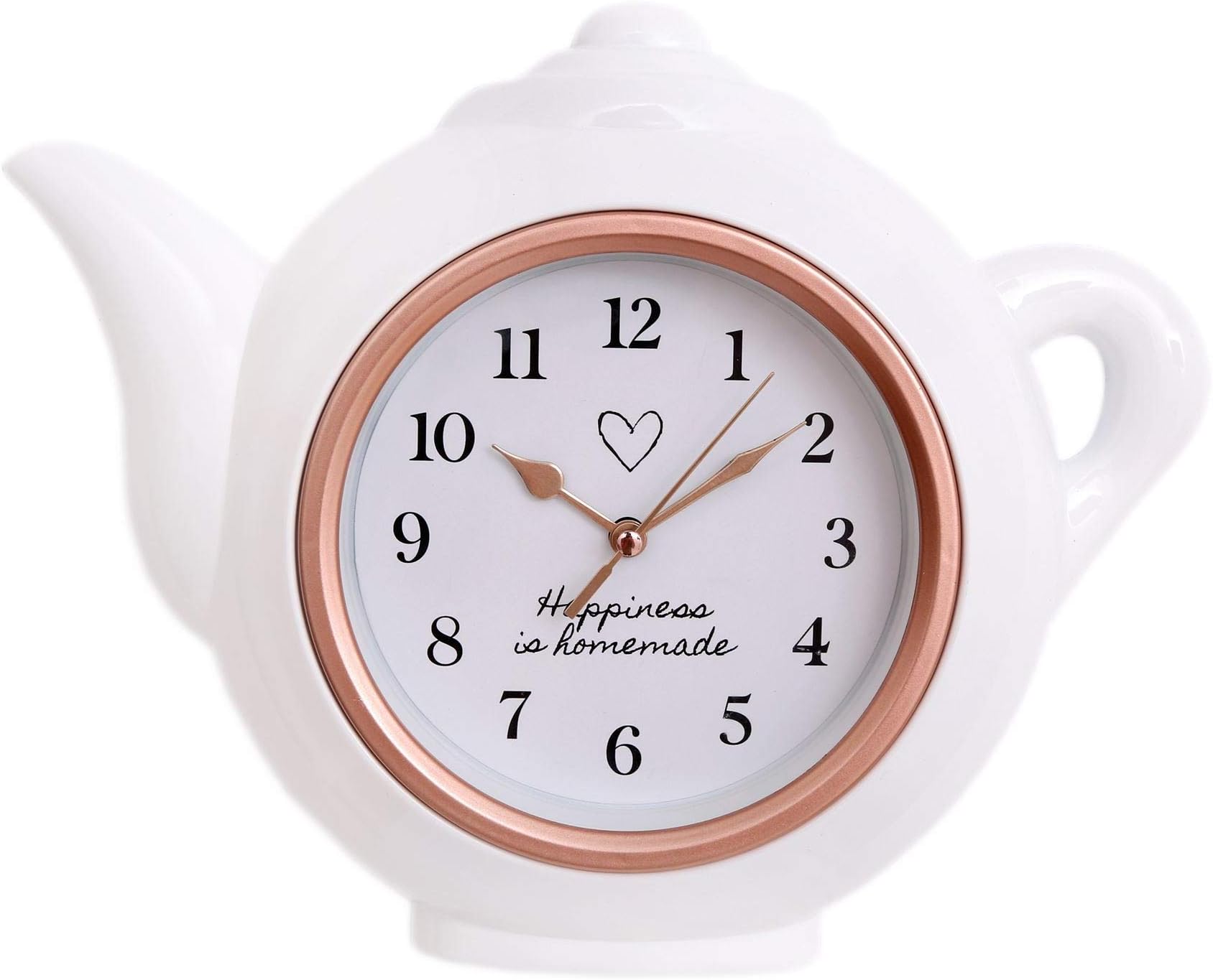 Carousel Home and Gifts White Rose Gold Teapot Shaped Kitchen Clock | Modern Wall Mounted Analogue Kettle Wall Clock | 'Happiness Is Homemade' - 28cm