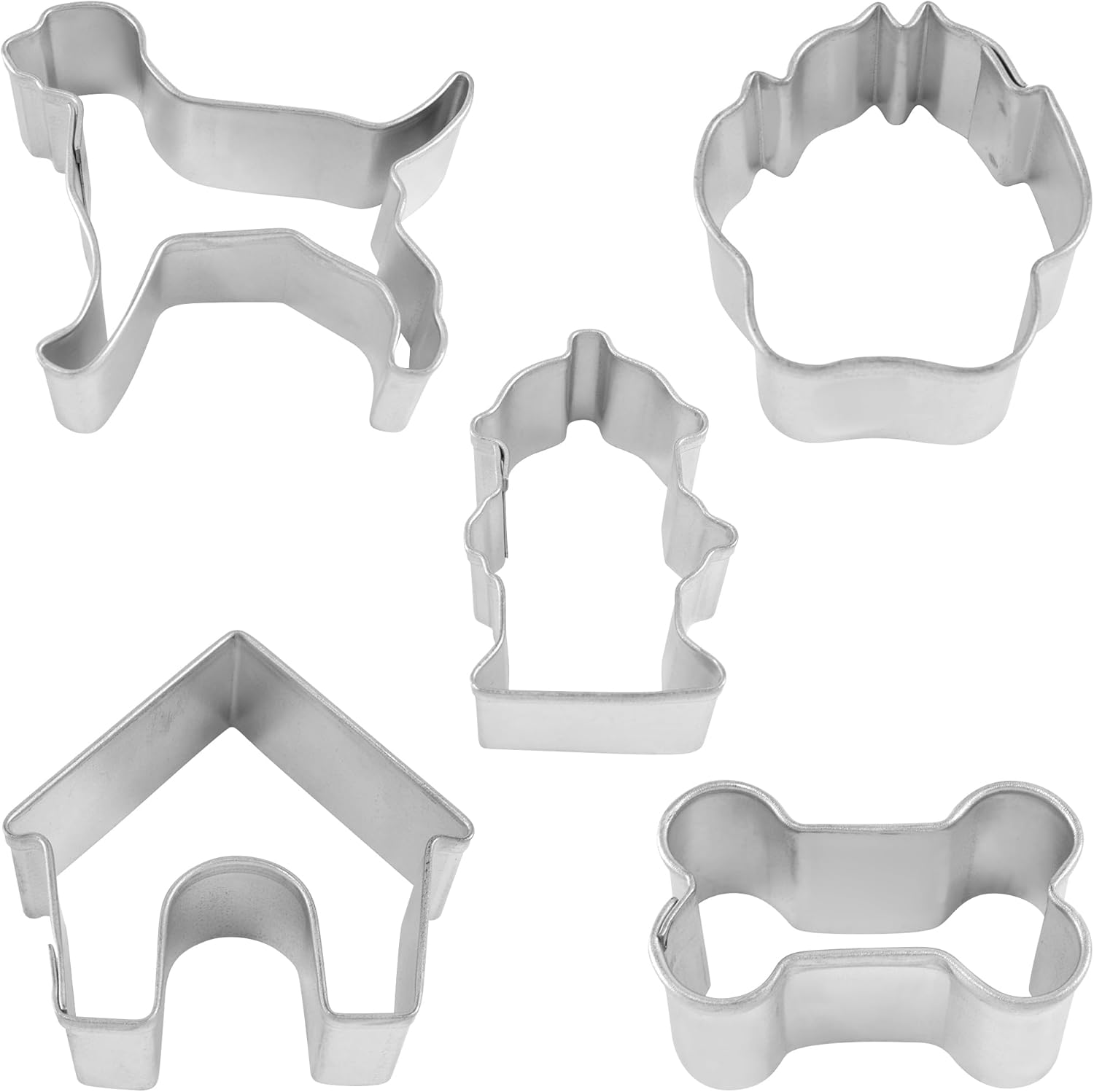 R&M International Mini Dog Cookie Cutters in Storage Tin, Paw, Dog, Fire Hydrant, Bone, House, 5-Piece Set