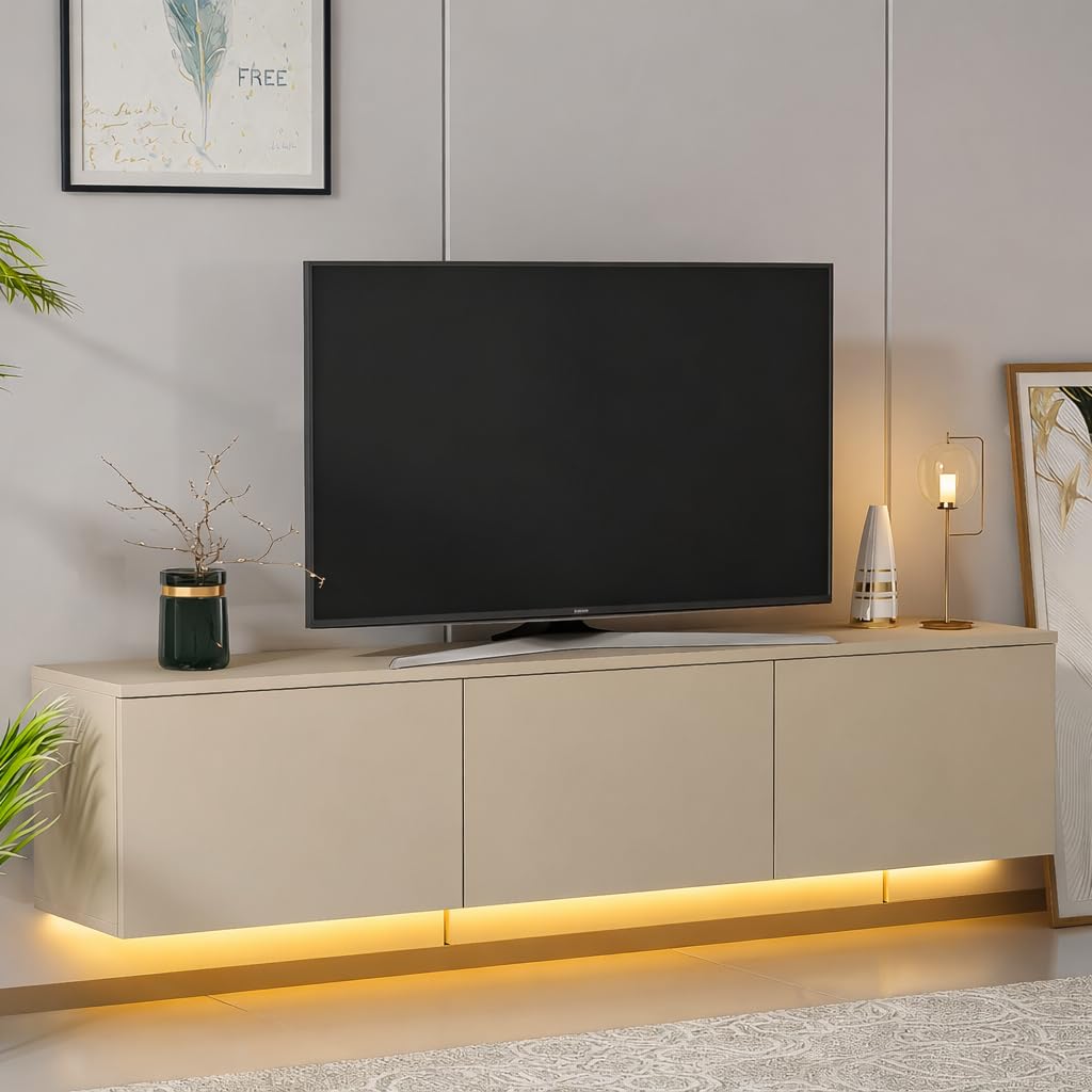 Homidea Vesta LED Meuble TV suspendu 160 cm - Moderne meuble TV mural avec éclairage LED intégré, portes rabattables et espace de rangement pour salon (Beige)