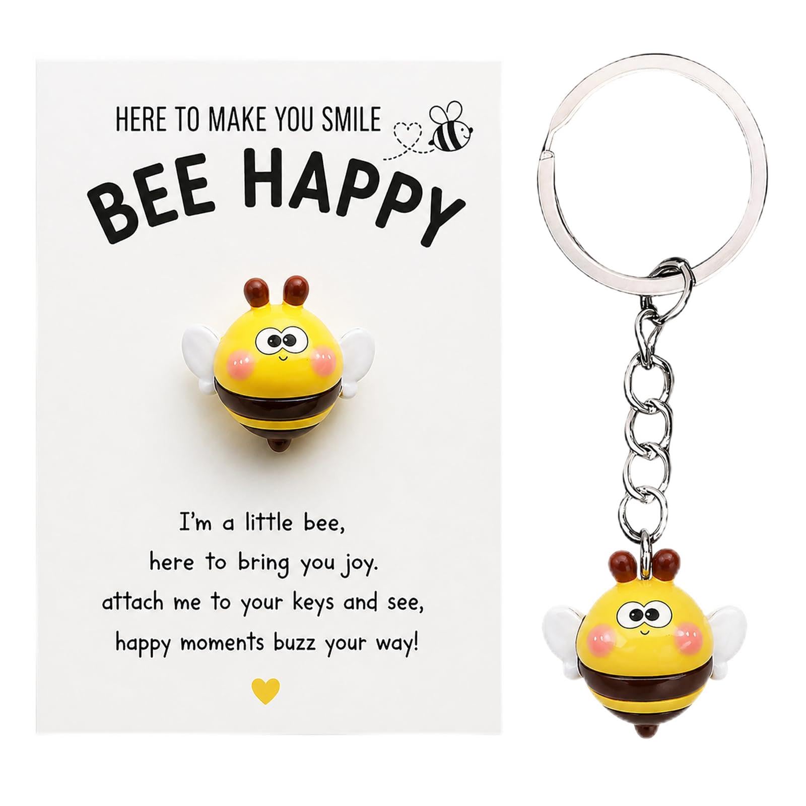 PHIOMUUE Cute Bee Keyring – Little Yellow Bee Keychain with Encouragement Card, Bee Happy & Good Luck Card – Mini Keyring for Women & Kids, Pendant Accessories