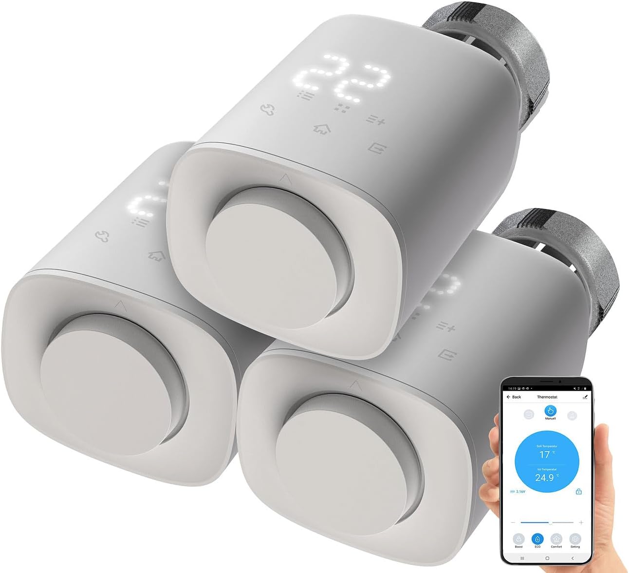 revolt Electric Thermostat Set of 3 Programmable Radiator Thermostats with Bluetooth and App