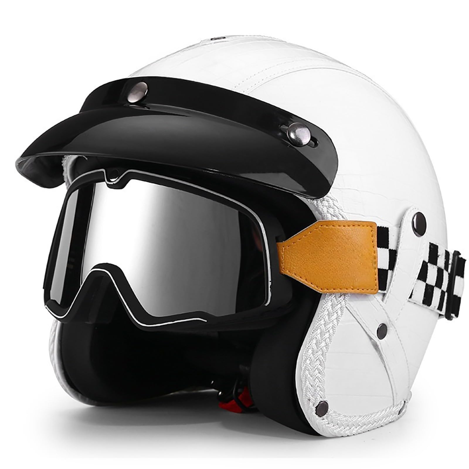 Niemiecki styl vintage kask motocyklowy otwarta twarz kask motocyklowy retro skórzany kask z okularami pół twarzy kask 3/4 dla dorosłych mężczyzn i kobiet D, XXL(62-63 cm)