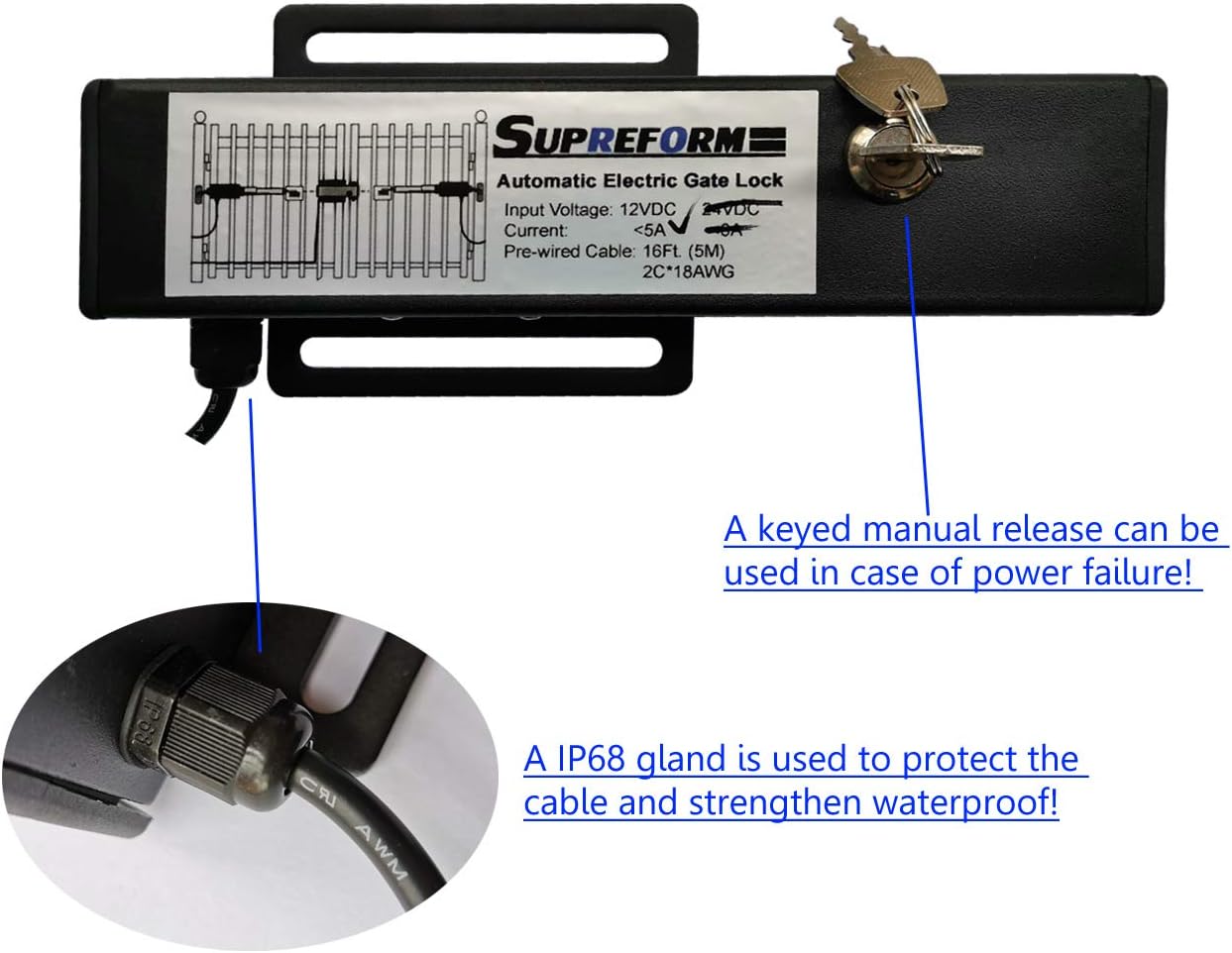 Universal 12VDC(NOT 24VDC) Outdoor Automatic Electric Gate Lock for Swing Gate Opener Operator Automatic Gate Openers, Fail Secure Gate Lock, UL Listed Cable