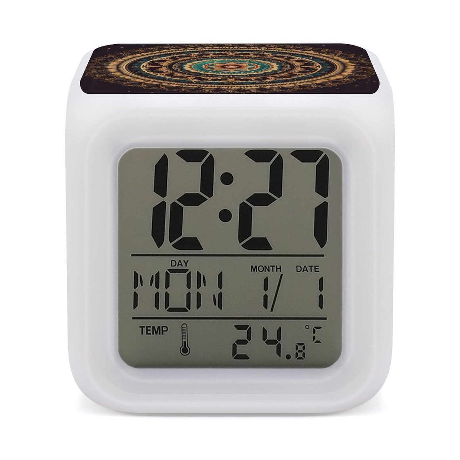 VstaDank Mandala Alarm Clocks with 7 Color Changing Night Light Exquisite Bedroom Digital Clocks with LED Temperature Display Desk Clock Ok to Wake Clocks for Heavy Sleeper