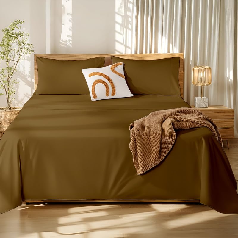 Image of Microfiber King Bed Sheet - Solid Color, Ultra-Soft Bedsheet for Bedroom, Lightweight Plain Bedsheet for King Bed 102x108 Inch, Beige