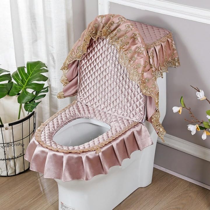 Toilet lid cover 3pcs/Set Champagne Lace Embroidery Flowers Toilet Lid Cover Set & Tank Covers Seat Cushion Pads Warm Pad(Color)
