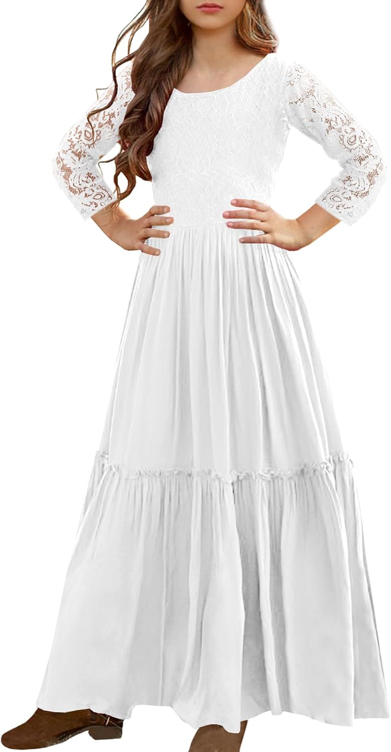 MITILLY Girls Lace Flower Ruffle Sleeve A-Line Swing Wedding Party Maxi Dress with Pockets