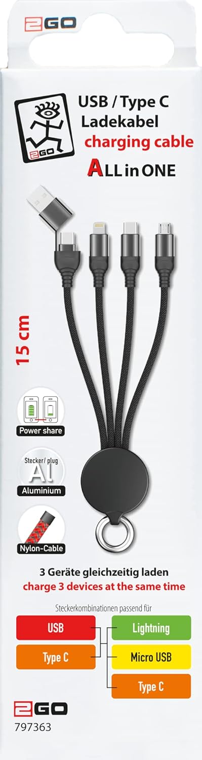 2GO All in One USB/Type C Charging Cable Black 15 cm