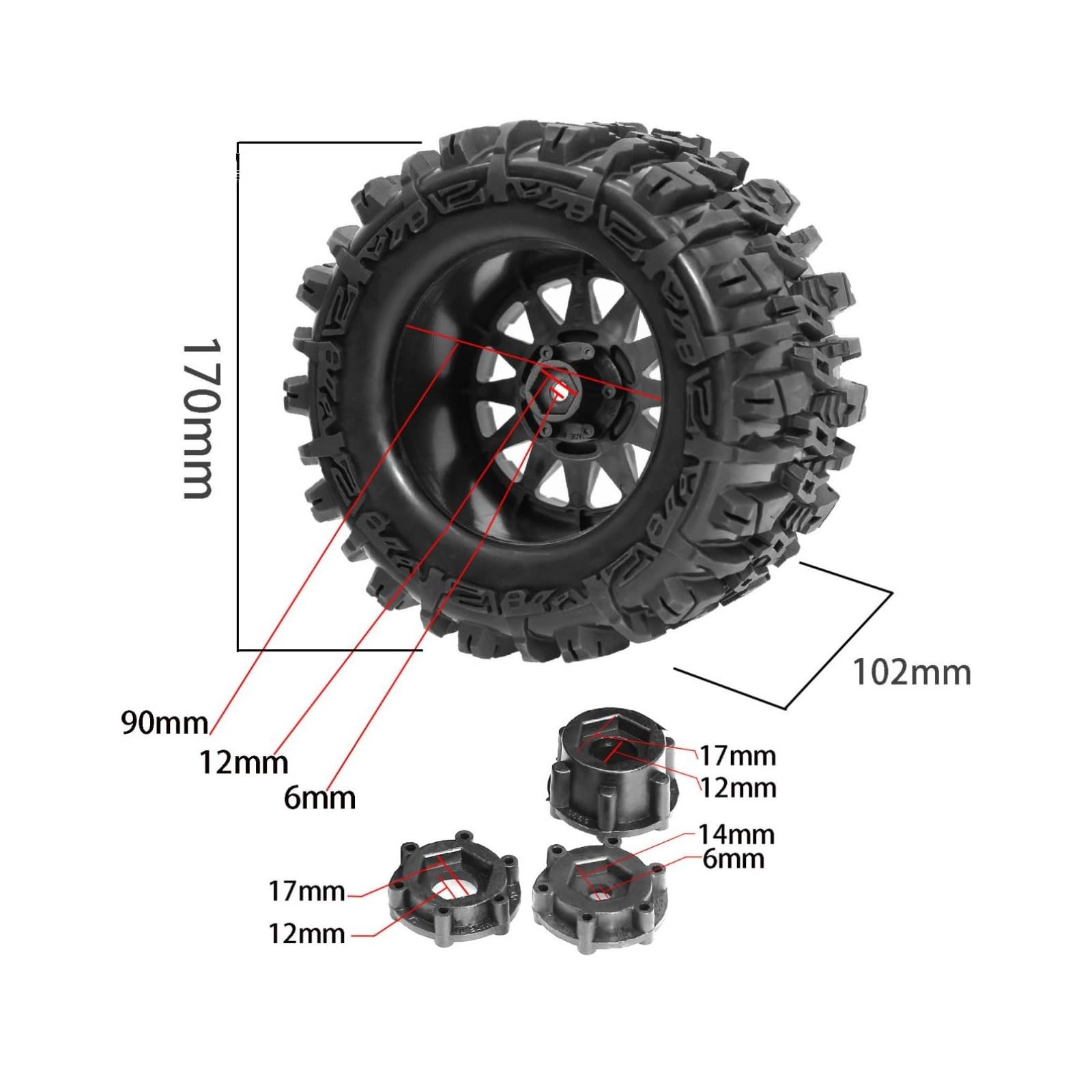 TISHITA 2 Piezas Neumáticos para Coche RC 1/8 Neumáticos Todoterreno Ruedas Monster Truck Llantas con Hexagonales Agarre Fuerte Tracción Profunda Adecuado para Suelta Aficionados al RC